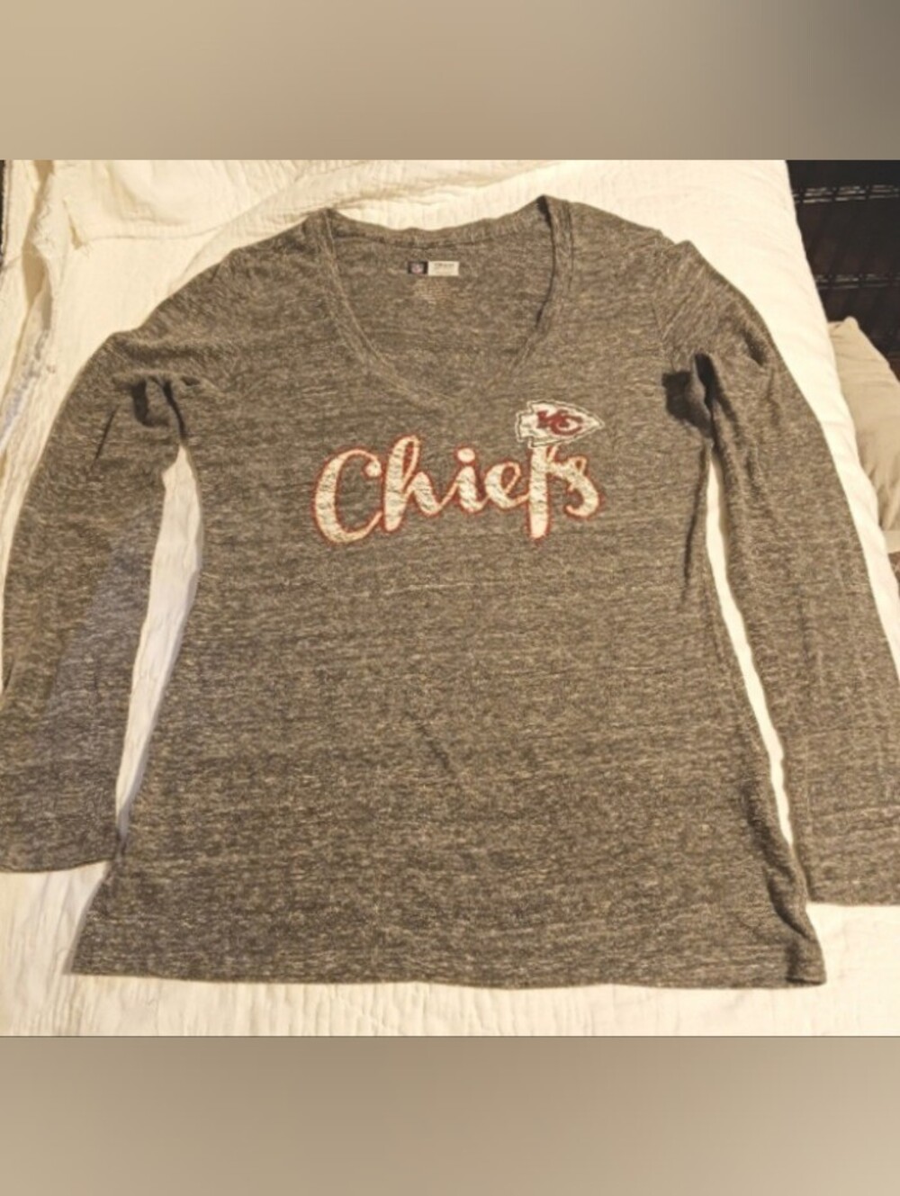 Kansas City Cheifs Long Sleeve Gray Tee V-neck (armpit shadowing - no stains)